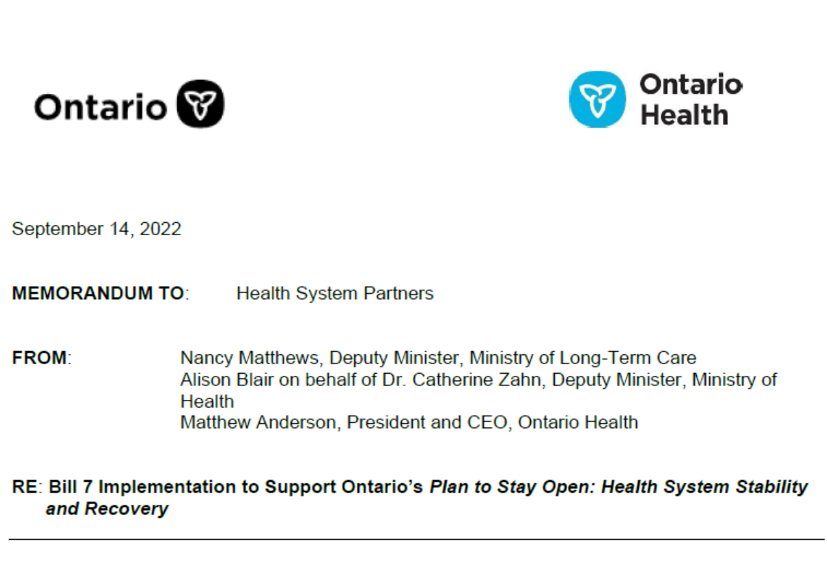 Memo - Bill 7 Implementation to Support Ontario’s Plan to Stay Open ...